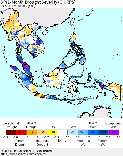 South East Asia SPI 1-Month Drought Severity (CHIRPS) Thematic Map For 1/11/2023 - 2/10/2023