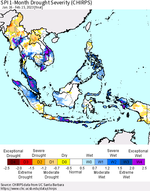 South East Asia SPI 1-Month Drought Severity (CHIRPS) Thematic Map For 1/16/2023 - 2/15/2023