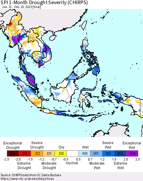 South East Asia SPI 1-Month Drought Severity (CHIRPS) Thematic Map For 1/21/2023 - 2/20/2023