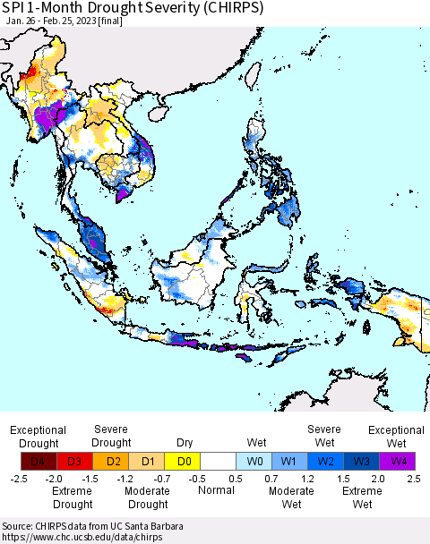 South East Asia SPI 1-Month Drought Severity (CHIRPS) Thematic Map For 1/26/2023 - 2/25/2023