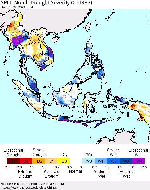 South East Asia SPI 1-Month Drought Severity (CHIRPS) Thematic Map For 2/1/2023 - 2/28/2023