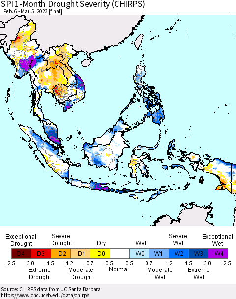 South East Asia SPI 1-Month Drought Severity (CHIRPS) Thematic Map For 2/6/2023 - 3/5/2023