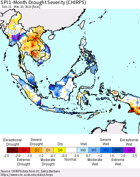 South East Asia SPI 1-Month Drought Severity (CHIRPS) Thematic Map For 2/11/2023 - 3/10/2023