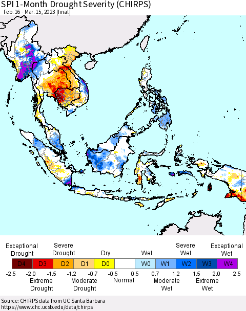 South East Asia SPI 1-Month Drought Severity (CHIRPS) Thematic Map For 2/16/2023 - 3/15/2023