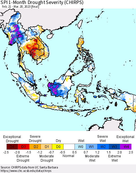 South East Asia SPI 1-Month Drought Severity (CHIRPS) Thematic Map For 2/21/2023 - 3/20/2023
