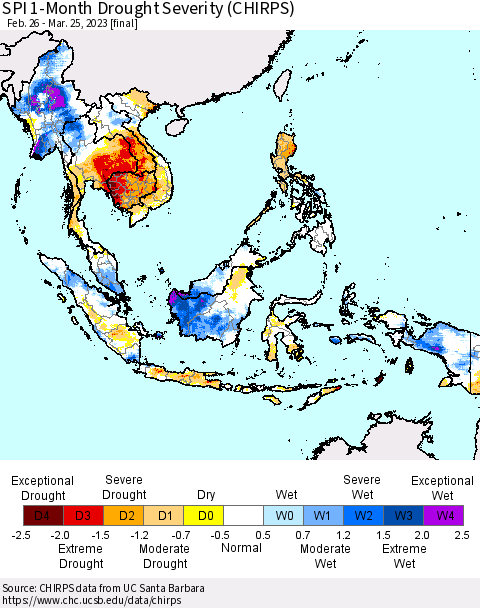 South East Asia SPI 1-Month Drought Severity (CHIRPS) Thematic Map For 2/26/2023 - 3/25/2023