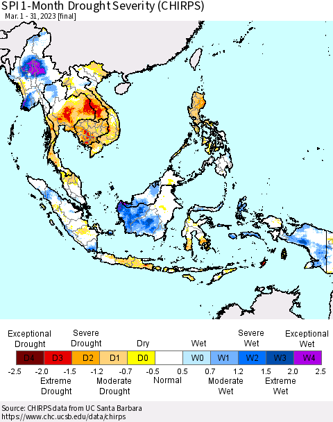 South East Asia SPI 1-Month Drought Severity (CHIRPS) Thematic Map For 3/1/2023 - 3/31/2023