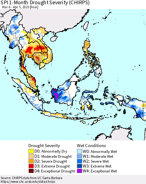 South East Asia SPI 1-Month Drought Severity (CHIRPS) Thematic Map For 3/6/2023 - 4/5/2023