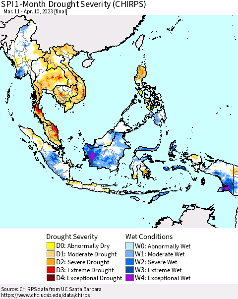 South East Asia SPI 1-Month Drought Severity (CHIRPS) Thematic Map For 3/11/2023 - 4/10/2023