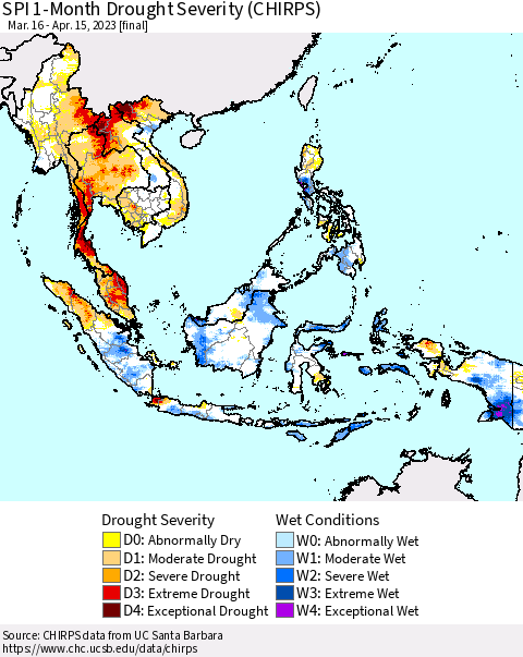 South East Asia SPI 1-Month Drought Severity (CHIRPS) Thematic Map For 3/16/2023 - 4/15/2023