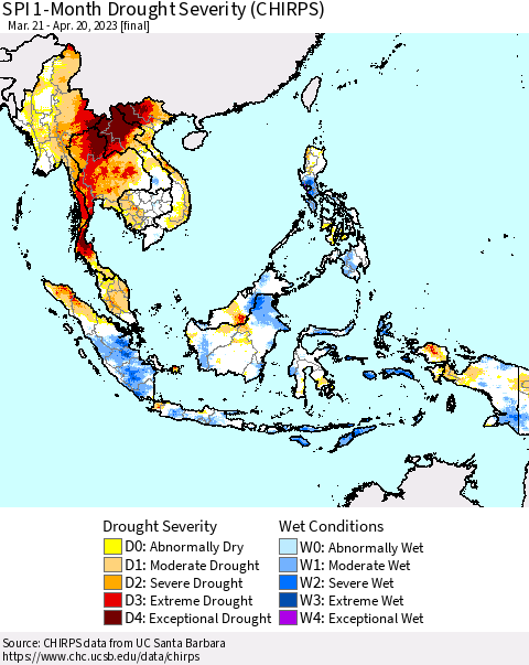 South East Asia SPI 1-Month Drought Severity (CHIRPS) Thematic Map For 3/21/2023 - 4/20/2023
