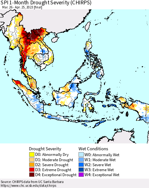 South East Asia SPI 1-Month Drought Severity (CHIRPS) Thematic Map For 3/26/2023 - 4/25/2023