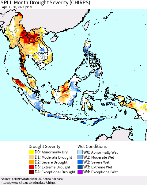 South East Asia SPI 1-Month Drought Severity (CHIRPS) Thematic Map For 4/1/2023 - 4/30/2023