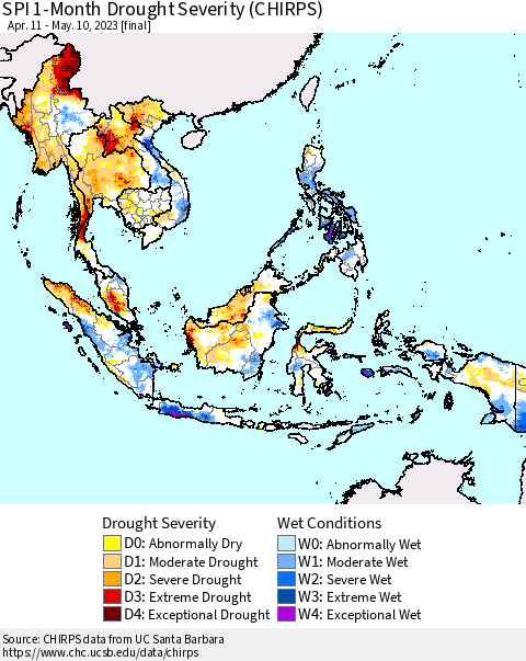 South East Asia SPI 1-Month Drought Severity (CHIRPS) Thematic Map For 4/11/2023 - 5/10/2023