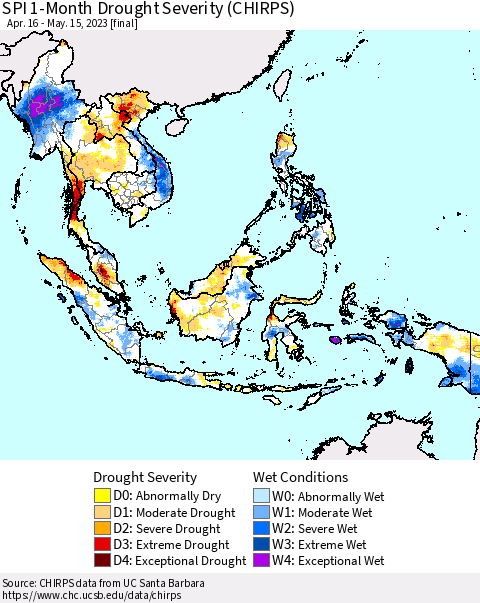 South East Asia SPI 1-Month Drought Severity (CHIRPS) Thematic Map For 4/16/2023 - 5/15/2023