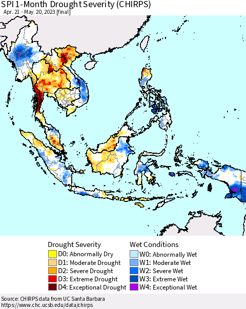 South East Asia SPI 1-Month Drought Severity (CHIRPS) Thematic Map For 4/21/2023 - 5/20/2023