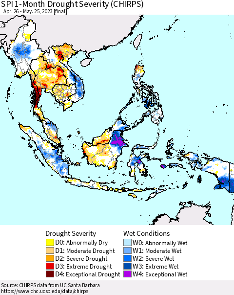 South East Asia SPI 1-Month Drought Severity (CHIRPS) Thematic Map For 4/26/2023 - 5/25/2023