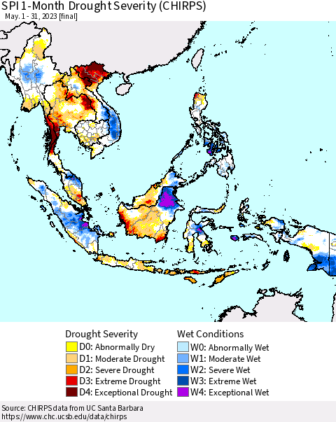 South East Asia SPI 1-Month Drought Severity (CHIRPS) Thematic Map For 5/1/2023 - 5/31/2023