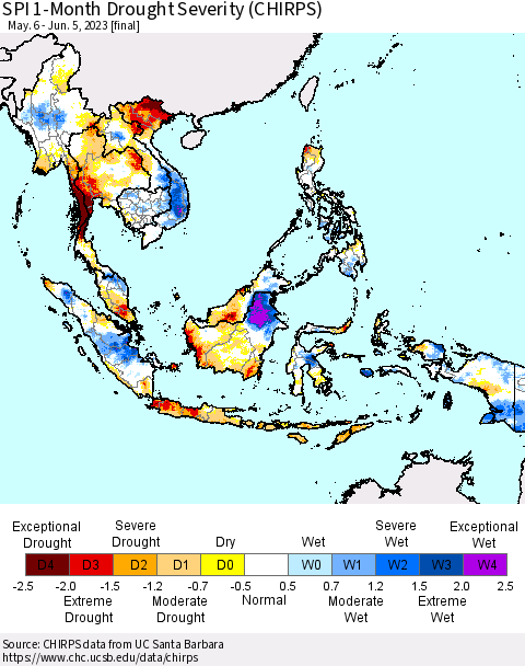 South East Asia SPI 1-Month Drought Severity (CHIRPS) Thematic Map For 5/6/2023 - 6/5/2023