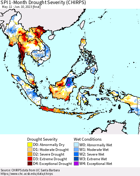 South East Asia SPI 1-Month Drought Severity (CHIRPS) Thematic Map For 5/11/2023 - 6/10/2023