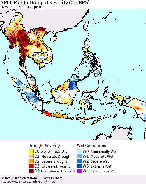 South East Asia SPI 1-Month Drought Severity (CHIRPS) Thematic Map For 5/16/2023 - 6/15/2023