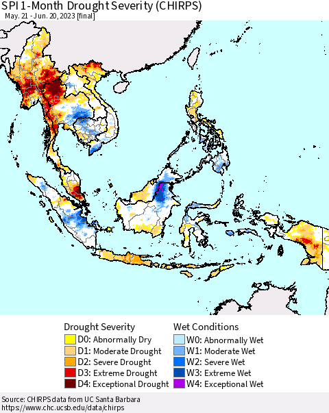 South East Asia SPI 1-Month Drought Severity (CHIRPS) Thematic Map For 5/21/2023 - 6/20/2023