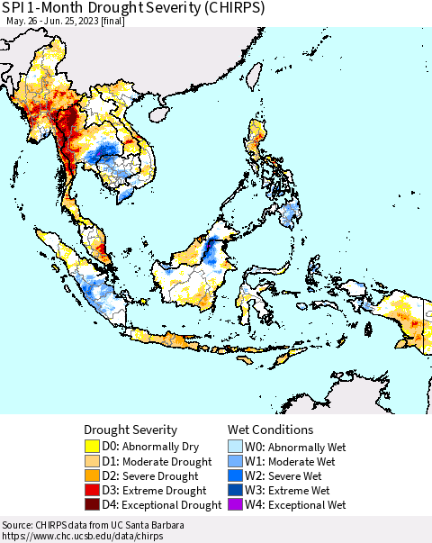 South East Asia SPI 1-Month Drought Severity (CHIRPS) Thematic Map For 5/26/2023 - 6/25/2023