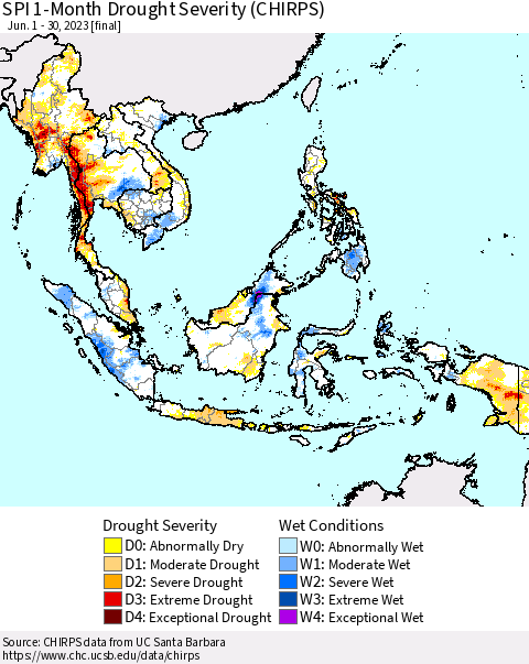 South East Asia SPI 1-Month Drought Severity (CHIRPS) Thematic Map For 6/1/2023 - 6/30/2023