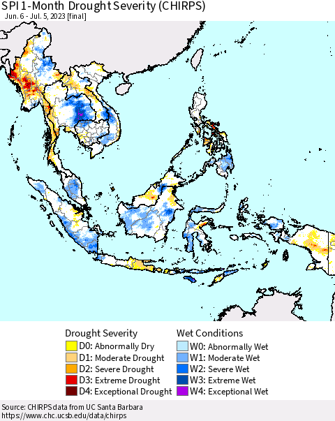 South East Asia SPI 1-Month Drought Severity (CHIRPS) Thematic Map For 6/6/2023 - 7/5/2023