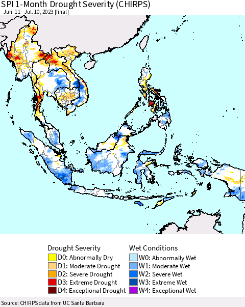 South East Asia SPI 1-Month Drought Severity (CHIRPS) Thematic Map For 6/11/2023 - 7/10/2023