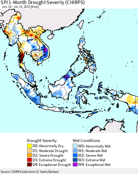 South East Asia SPI 1-Month Drought Severity (CHIRPS) Thematic Map For 6/16/2023 - 7/15/2023