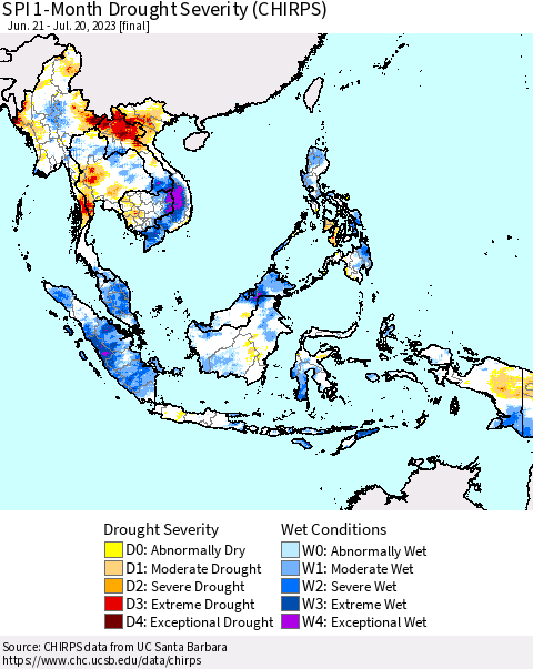 South East Asia SPI 1-Month Drought Severity (CHIRPS) Thematic Map For 6/21/2023 - 7/20/2023