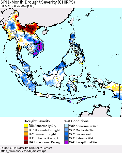 South East Asia SPI 1-Month Drought Severity (CHIRPS) Thematic Map For 6/26/2023 - 7/25/2023