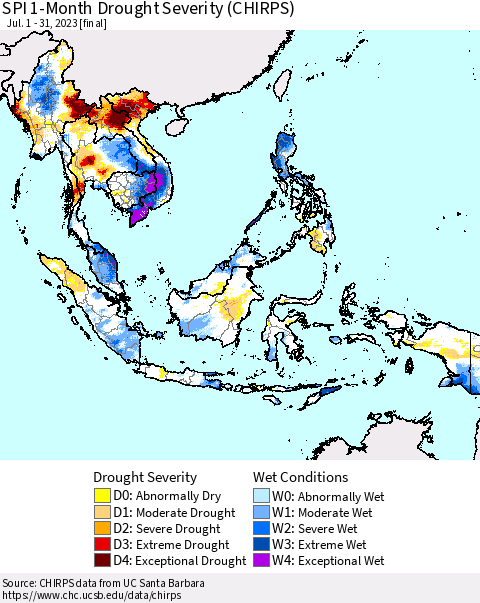 South East Asia SPI 1-Month Drought Severity (CHIRPS) Thematic Map For 7/1/2023 - 7/31/2023