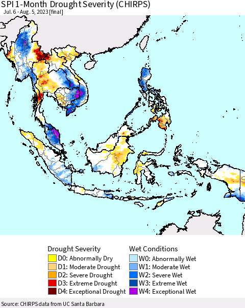 South East Asia SPI 1-Month Drought Severity (CHIRPS) Thematic Map For 7/6/2023 - 8/5/2023