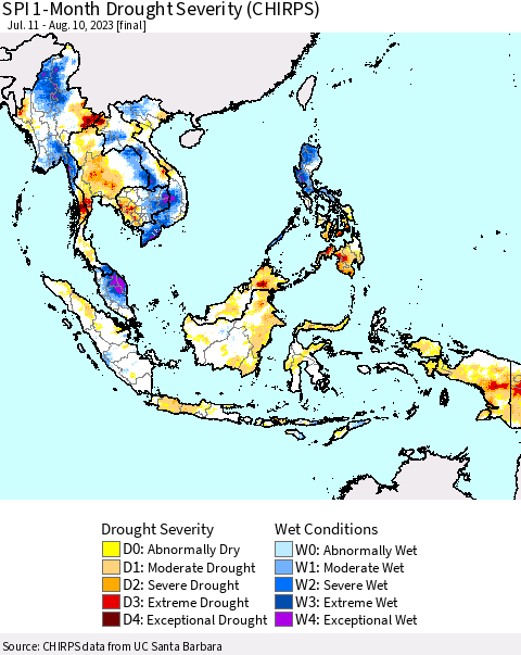 South East Asia SPI 1-Month Drought Severity (CHIRPS) Thematic Map For 7/11/2023 - 8/10/2023