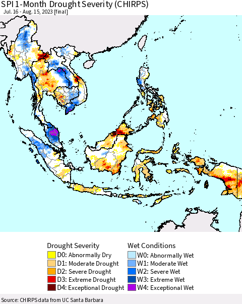 South East Asia SPI 1-Month Drought Severity (CHIRPS) Thematic Map For 7/16/2023 - 8/15/2023