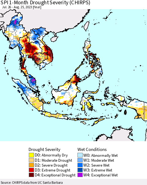 South East Asia SPI 1-Month Drought Severity (CHIRPS) Thematic Map For 7/26/2023 - 8/25/2023