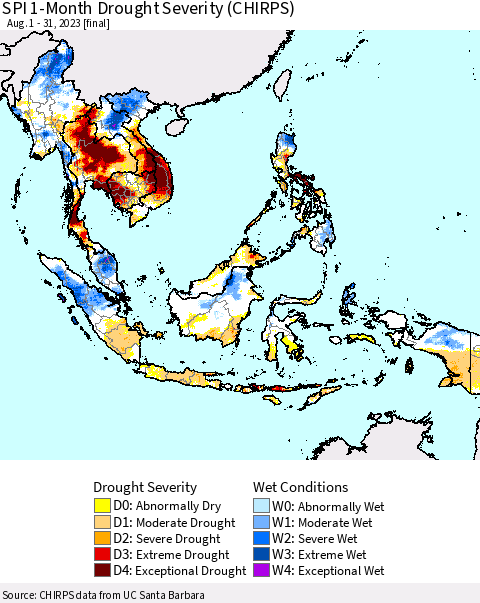 South East Asia SPI 1-Month Drought Severity (CHIRPS) Thematic Map For 8/1/2023 - 8/31/2023