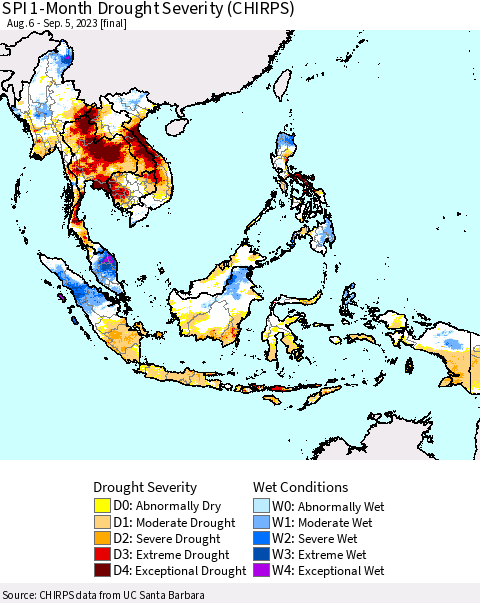 South East Asia SPI 1-Month Drought Severity (CHIRPS) Thematic Map For 8/6/2023 - 9/5/2023