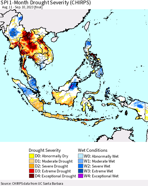 South East Asia SPI 1-Month Drought Severity (CHIRPS) Thematic Map For 8/11/2023 - 9/10/2023