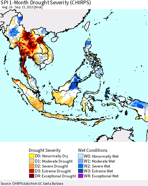 South East Asia SPI 1-Month Drought Severity (CHIRPS) Thematic Map For 8/16/2023 - 9/15/2023