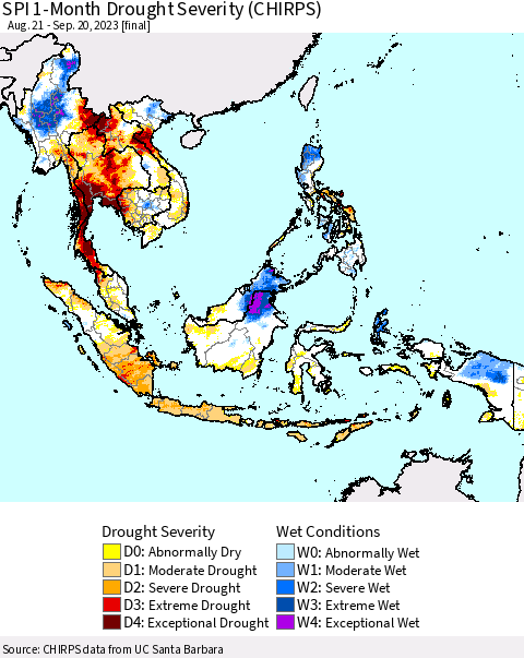 South East Asia SPI 1-Month Drought Severity (CHIRPS) Thematic Map For 8/21/2023 - 9/20/2023