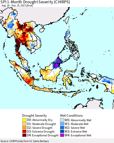 South East Asia SPI 1-Month Drought Severity (CHIRPS) Thematic Map For 8/26/2023 - 9/25/2023