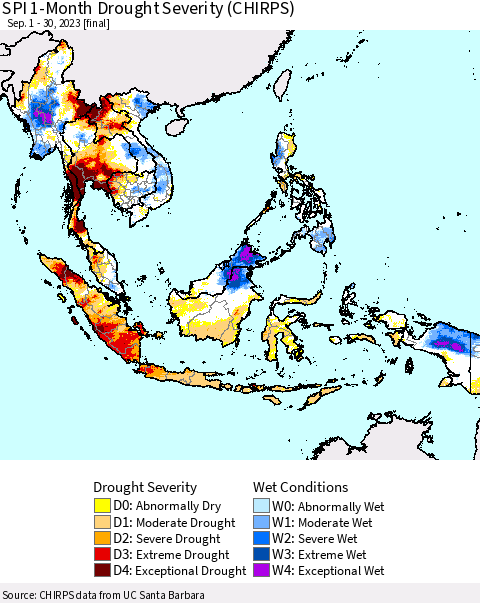 South East Asia SPI 1-Month Drought Severity (CHIRPS) Thematic Map For 9/1/2023 - 9/30/2023