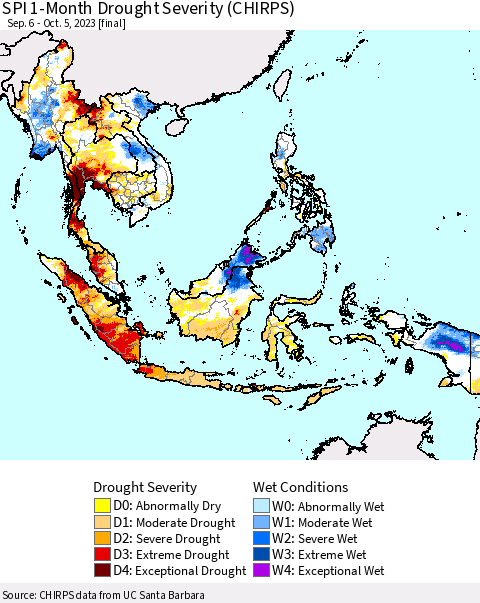 South East Asia SPI 1-Month Drought Severity (CHIRPS) Thematic Map For 9/6/2023 - 10/5/2023
