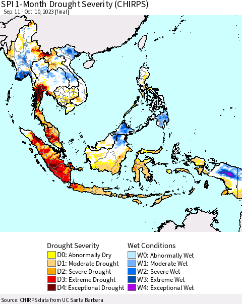 South East Asia SPI 1-Month Drought Severity (CHIRPS) Thematic Map For 9/11/2023 - 10/10/2023