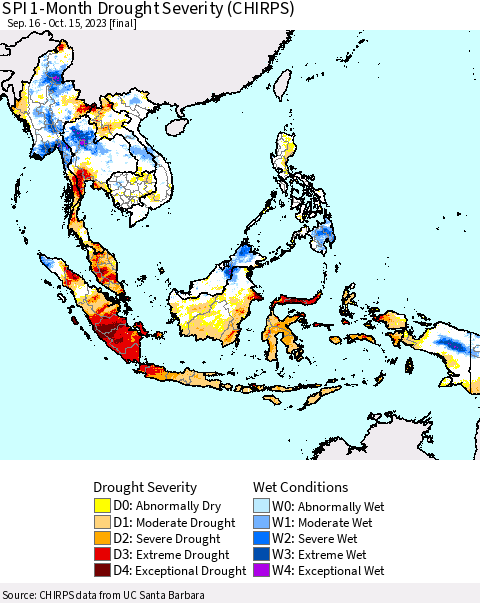 South East Asia SPI 1-Month Drought Severity (CHIRPS) Thematic Map For 9/16/2023 - 10/15/2023