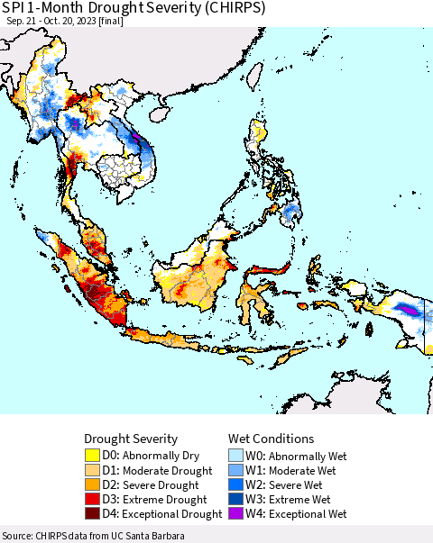 South East Asia SPI 1-Month Drought Severity (CHIRPS) Thematic Map For 9/21/2023 - 10/20/2023