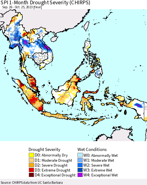 South East Asia SPI 1-Month Drought Severity (CHIRPS) Thematic Map For 9/26/2023 - 10/25/2023